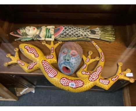 3 ITEMS OF ETHNIC WARE, LARGE CARVED WOODEN HIGH MERMAID, ORIENTAL CARVED WOODEN MASK & LARGE ABORIGINAL GECKO 
