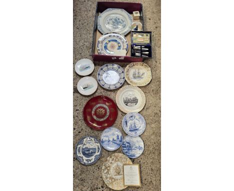 CARTON WITH MISC COMMEMORATIVE PLATES, A SNOW GLOBE 'THE SKATERS WALTZ', SNOW GLOBE OF THE YEAR 2002 & A VINTAGE NEEDLE WORK 