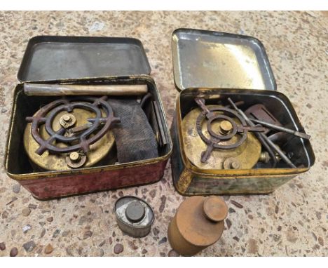 TWO VINTAGE CAMPING PARAFFIN STOVES, ONE BY HIPPO & PRIMUS & 2 SMALL SCREW TOP TINS