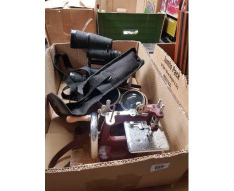 SMALL NOVELTY SEWING MACHINE & 2 PAIRS OF BINOCULARS, 1 ALUMINIUM LIGHT WEIGHT & A PAIR BY KARL VEITCH 20 X 50 BINOCULARS IN 