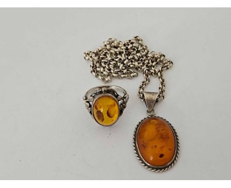 SILVER & AMBER RING & SILVER & AMBER PENDANT & CHAIN