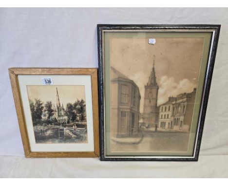 WATERCOLOUR OF A CHURCH & GARDENS WITH FIGURES SAT BESIDE A LOCK GATE, SIGNED G FULWELL LOWER RIGHT TOGETHER WITH A PENCIL & 