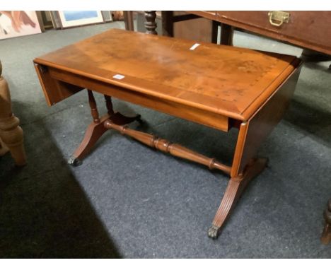 REPRODUCTION INLAID YEW WOOD SOFA TABLE WITH DROP FLAPS & BRASS CASTERS, TOP MARKED 