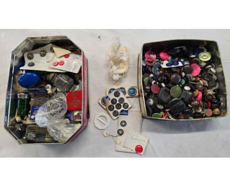 2 VINTAGE TINS OF VINTAGE BUTTONS & OTHER SEWING ITEMS