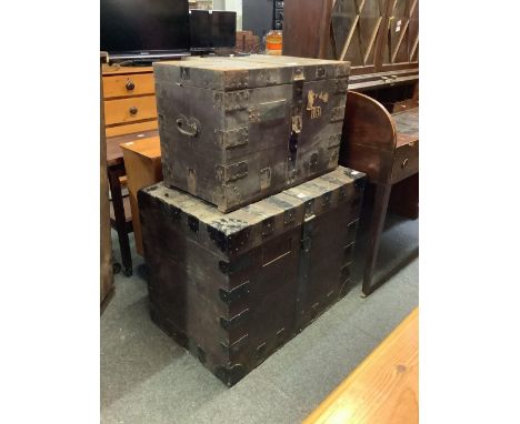 PAIR OF VINTAGE IRON BOUND TRAVELLING TRUNKS, SILVER TRUNKS, 1 X 2ft 6" x 1ft 9" THE OTHER 3ft 3" X 1ft 2"