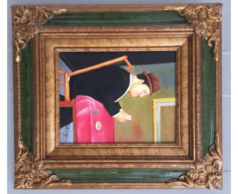 An oil on panel depicting a man playing cards in the style of Fernando Botero, signed 'Vega', 24 x 20 cm
