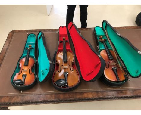 Three cased violins: one Czech, two Chinese larks and a signed ivory and mother-of-pearl bow stamped 'Wilhelm Mehl'