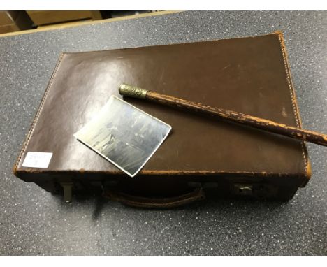 A WWII officer's Royal Fusilier swagger stick; together with a photograph of Major Anthony Gray Wallis and a leather brief ca