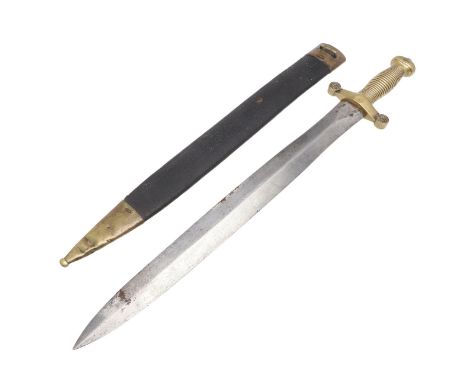 With a 48.5cm pointed, double edged blade stamped Talabotes Paris and 'R'. The brass grip and cross piece with ring decoratio