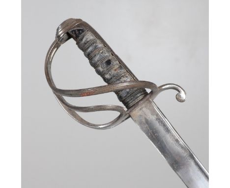 With an 87 cm slightly curved spear pointed blade with pipe back, unmarked, with three bar hilt, wire bound shagreen grip and