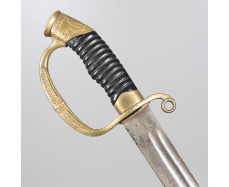 With a slightly curved 80.5 cm pointed blade with shallow double fuller, the gilded brass hilt engraved to the knuckle bow in