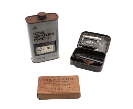 A cardboard box, the lid printed 'Free Sample of our World Renowned 'Referee' Cartridges British Made by British labour ... s