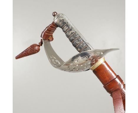 An 1897 Pattern Officers sword with an 82cm pointed unsharpened blade with deep fuller, the blade with Royal Fusiliers Crest 