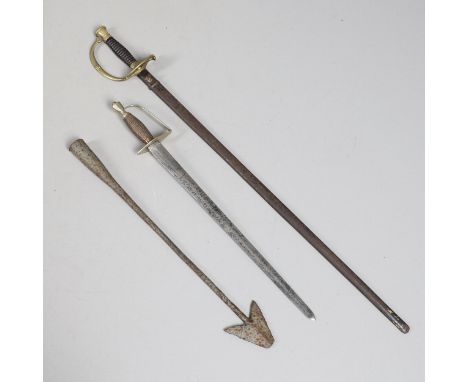 A continental small sword with a 52 cm double edged blade, stamped 'P.D.L.' with a wooden grip and brass guard decorated with