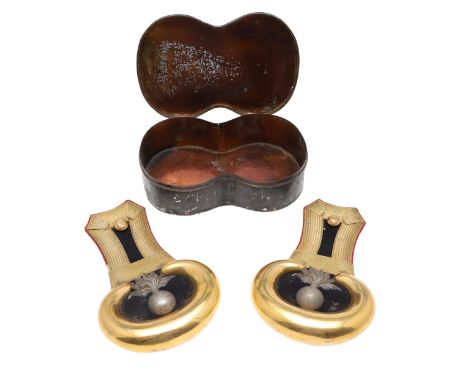 A fine pair of Victorian epaulettes with a flaming grenade against a black felt ground, within gilt crescent, with bullion wo