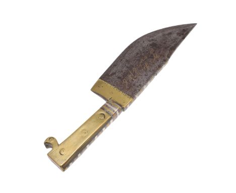 With a broad pointed straight edged blade, 19 cm long and 7 cm wide, inlaid to one side 'W.L. Nov 6/86'. With brass mounted h