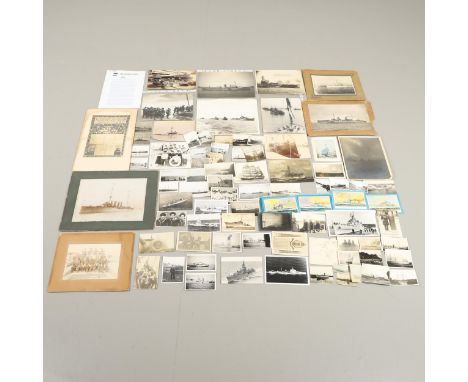 A collection of approximately 90 photographs and postcards of Naval subjects to include men in uniform in posed and informal 