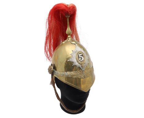 A 5th (Princess Charlotte of Wales) Dragoon guards 1871 pattern helmet, the brass body with laurel band to the front and back