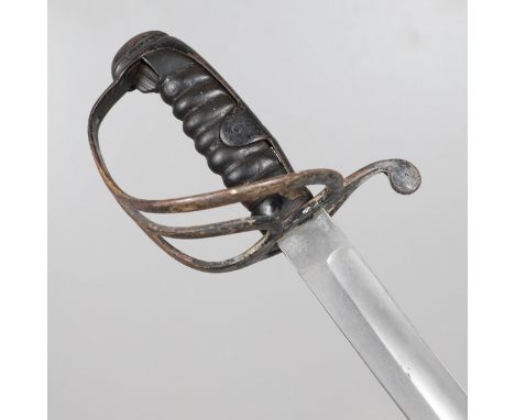 With an 89 cm slightly curved pointed blade with broad fuller, unmarked. With a three bar hilt, wooden grip and domed pommel.