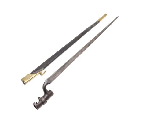 A Martini Henry 1876 Pattern bayonet with a 55 cm three sided pointed blade, extensively marked to the ricasso with Indian sc