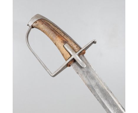 With a 91 cm curved pointed blade with broad fuller, straight cross piece with rectangular langets, stirrup type knuckle bow 