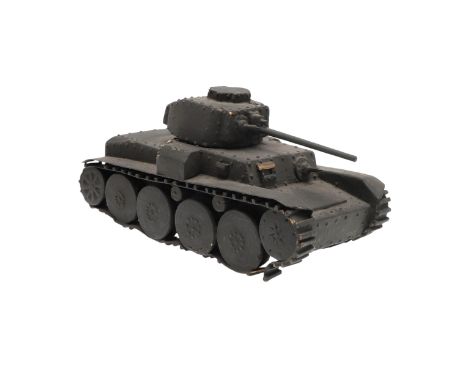 A Second World War model of Pz38 tank made with a wooden body painted in German Army fieldgrey, a detailed model with revolvi
