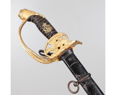 With a 85 cm pointed single edged blade with double fuller, with unusual special order hilt. The folding guard with Prussian 