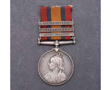 A Queen's South Africa Medal with Cape Colony, Laing's Nek and Belfast clasps named to 1417 Pte J. H. Slaytor 1. Leic R.' Sla