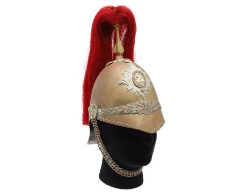 A 2nd (Queen's Bays) Dragoon Guards 1871 pattern helmet, the brass body with laurel band to the front and back, tall four sid