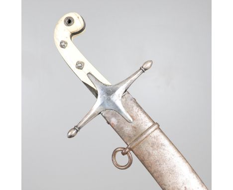 With a 70cm curved and sharpened blade, with diamond shaped cross guard engraved with a crest and heraldic device of a standi