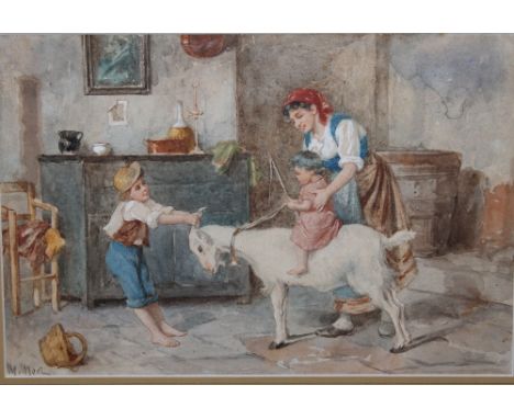 M MORI (19th Century). Children playing on a goat, watercolour, signed lower left, gilt framed and glazed, 20.5 x 30.5 cm