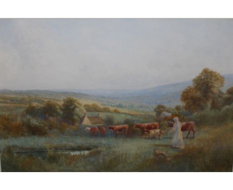ARTHUR STANLEY WILKINSON (act.1860-1930). Cattle in a country landscape with a maiden, watercolour, signed lower right, frame