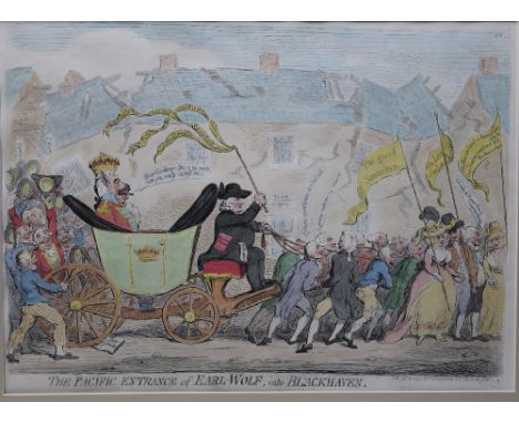 THE PACIFIC ENTRANCE OF EARL WOLF INTO BLACKHAVEN, hand coloured print, unframed, three further black and white prints verso,