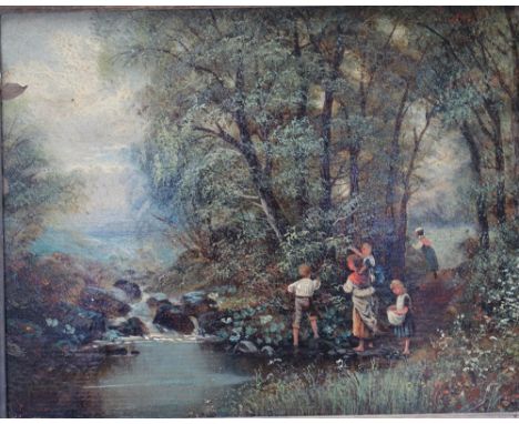 N NELSON (NINETEENTH CENTURY). Children playing by a brook, oil on canvas laid on board, signed lower left, gilt framed, 22 x