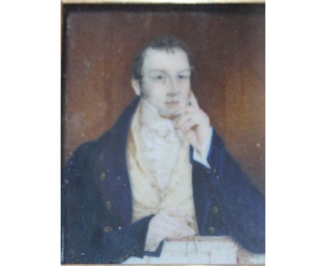 A PORTRAIT MINIATURE ON IVORY, Study of a seated gentleman, titled verso Matthew Price - Architect, framed and glazed, 9 x 7 