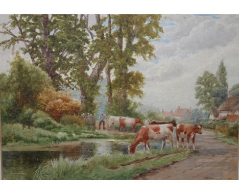 ARTHUR STANLEY WILKINSON (act. 1860-1930). Cattle watering in a country landscape, watercolour, signed lower right, framed an