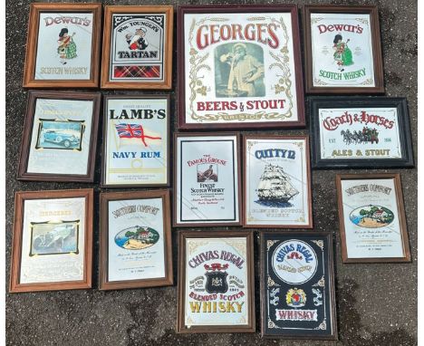 A collection of 14 reproduction advertising mirrors to include two Dewars Scotch Whiskey, two Chivas Regal Whisky, two Southe