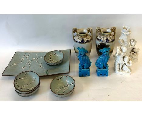 A pair of Japanese Noritake vases, height 20cm, a pair of Chinese turquoise dogs of fo, height 15cm, two blanc de chine figur