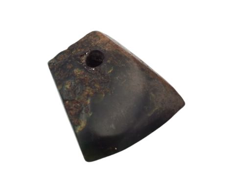 A Chinese spinach jade axe head, possibly Neolithic, length 8cm, width 7cm, depth 2.5cm.  