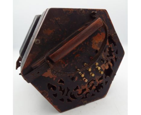 A Lachnal five bellow 35 bone button hexagonal concertina with English Made mark  Condition report, splits to bellows, heavy 