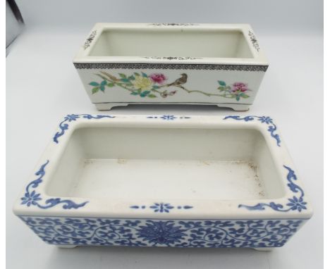 A Chinese porcelain planter, Republic Period, with Qianlong mark in iron red, decorated with a bird perched on a flowering br