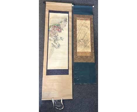 A Japanese painted scroll, 19th century, entitled Buddhist hell', 152 x 39cm, image size 62 x 26cm; and another Japanese pain