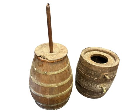 A wooden & brass bound butter churn, height 54cm, width 34cm and a wooden metal bound beer barrel, height 42cm, width 36cm to