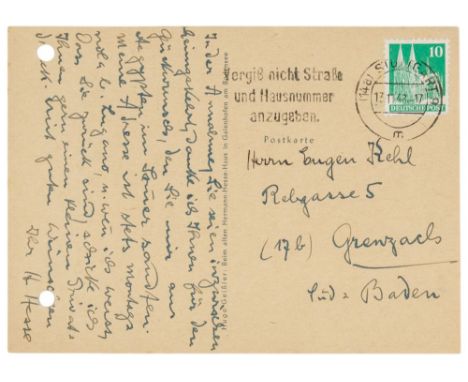 Nobelpreisträger - - Hesse, Hermann. Postkarte mit eigenhändigem 9-zeiligen Text und Unterschrift an "Eugen Kehl" in Grenzach