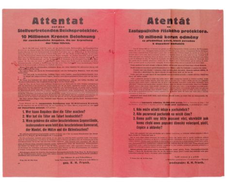 Nationalsozialismus - - Fahndungsplakat zum Attentat auf Reinhard Heydrich. Prag, 28.5.1943. 47,5 x 62,5 cm.Seltenes zweispra