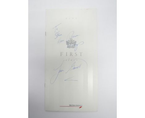 A British Airways First Class menu, autographed in blue ink by Louis Gossett Jr. "To Steve Have Peace Always Louis Gossett". 