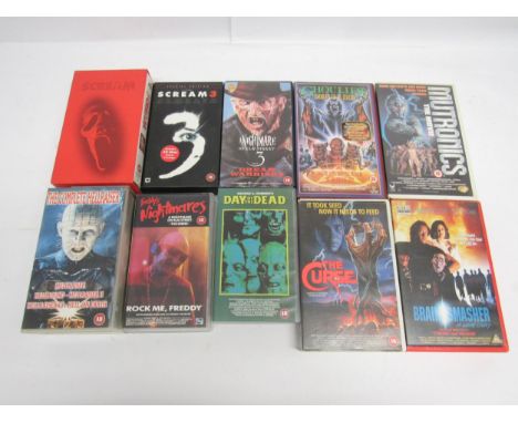 Ten horror film VHS video tapes including some big box examples, titles to include Brainsmasher: A Love Story, Ghoulies: Ghou