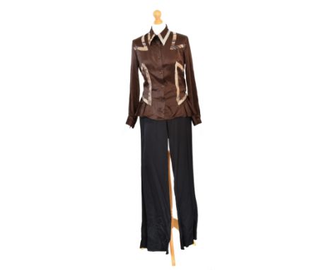 A Just Cavalli silk shirt and pair of trousers, the brown silk shirt with animal print detailing and black silk trousers with