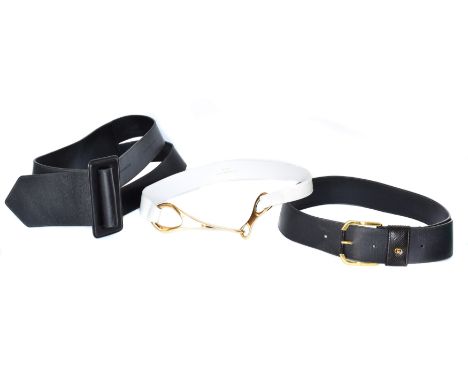 Two Gucci belts, to include a vintage black leather and snakeskin belt, a white patent leather and gold tone belt, together w