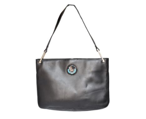 A Gianni Versace handbag, the black smooth leather exterior with patent leather and teal maker's logo, silver tone hardware, 